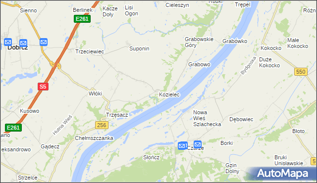 mapa Kozielec gmina Dobrcz, Kozielec gmina Dobrcz na mapie Targeo