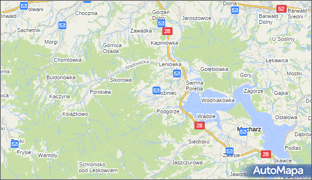 mapa Koziniec gmina Mucharz, Koziniec gmina Mucharz na mapie Targeo