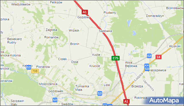 mapa Koźle gmina Stryków, Koźle gmina Stryków na mapie Targeo