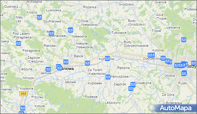 mapa Kożuchów gmina Wiśniowa, Kożuchów gmina Wiśniowa na mapie Targeo
