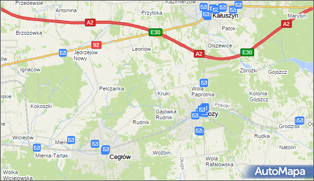 mapa Kruki gmina Mrozy, Kruki gmina Mrozy na mapie Targeo