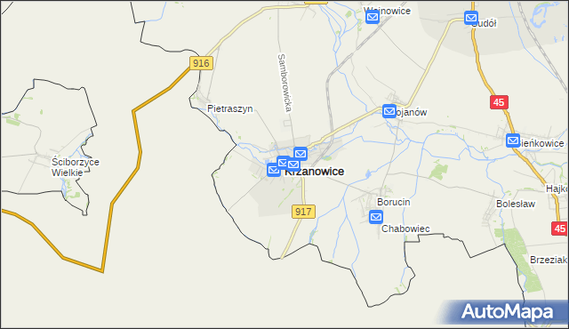 mapa Krzanowice powiat raciborski, Krzanowice powiat raciborski na mapie Targeo