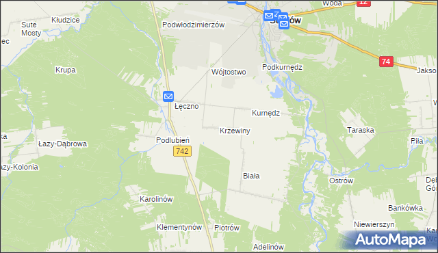 mapa Krzewiny gmina Sulejów, Krzewiny gmina Sulejów na mapie Targeo