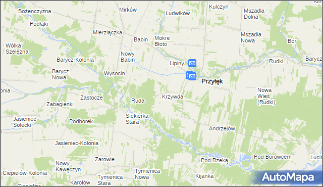 mapa Krzywda gmina Przyłęk, Krzywda gmina Przyłęk na mapie Targeo