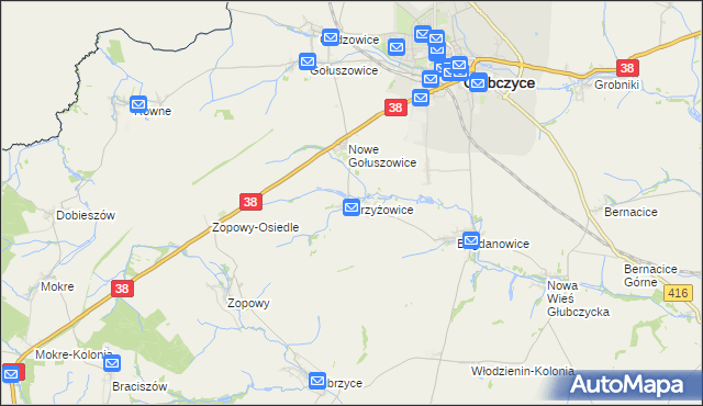 mapa Krzyżowice gmina Głubczyce, Krzyżowice gmina Głubczyce na mapie Targeo