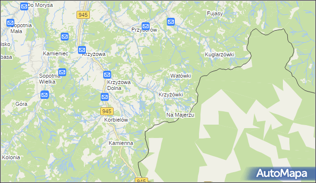 mapa Krzyżówki gmina Jeleśnia, Krzyżówki gmina Jeleśnia na mapie Targeo