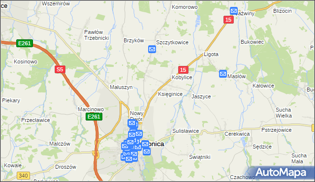 mapa Księginice gmina Trzebnica, Księginice gmina Trzebnica na mapie Targeo