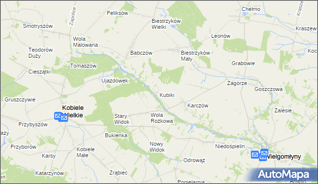 mapa Kubiki gmina Wielgomłyny, Kubiki gmina Wielgomłyny na mapie Targeo
