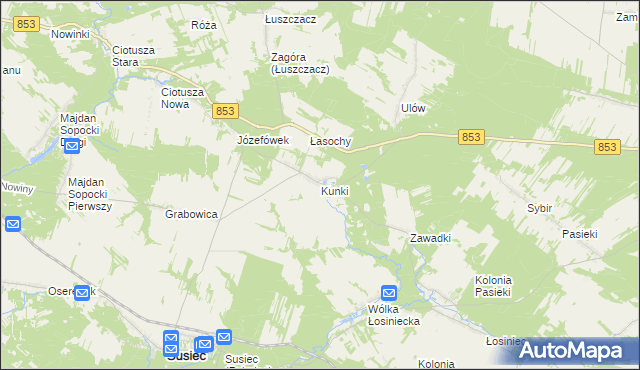 mapa Kunki gmina Susiec, Kunki gmina Susiec na mapie Targeo