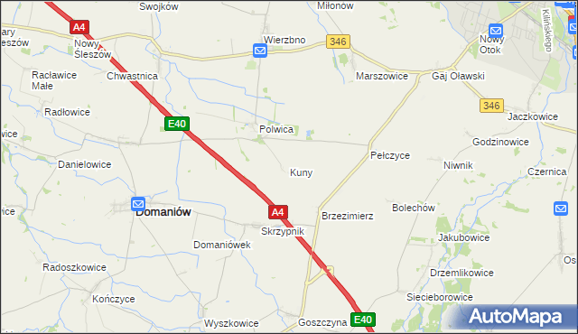 mapa Kuny gmina Domaniów, Kuny gmina Domaniów na mapie Targeo