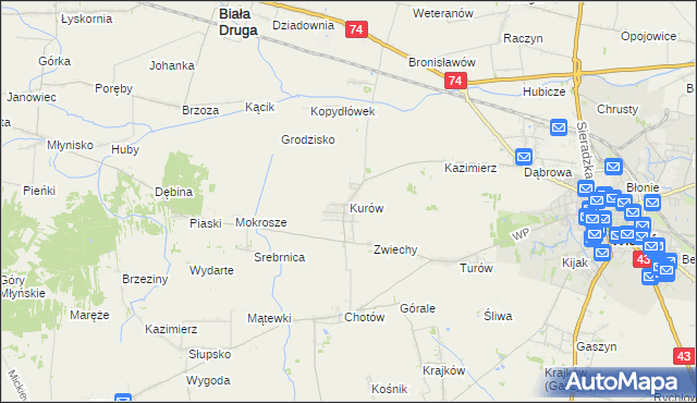 mapa Kurów gmina Wieluń, Kurów gmina Wieluń na mapie Targeo