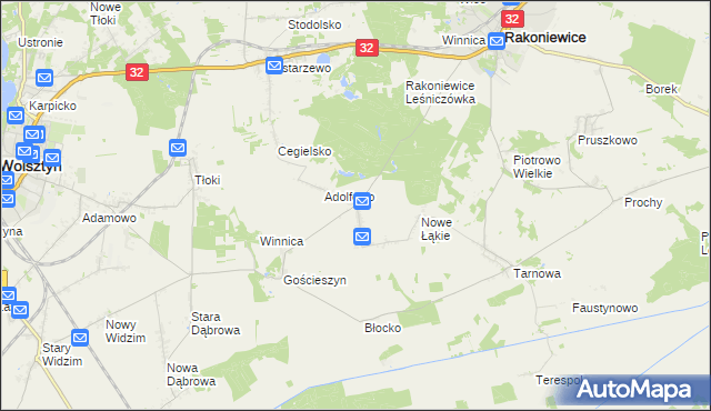 mapa Łąkie gmina Rakoniewice, Łąkie gmina Rakoniewice na mapie Targeo