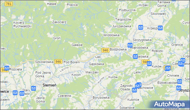 mapa Las gmina Ślemień, Las gmina Ślemień na mapie Targeo