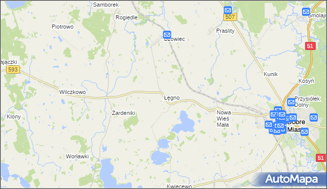 mapa Łęgno gmina Dobre Miasto, Łęgno gmina Dobre Miasto na mapie Targeo