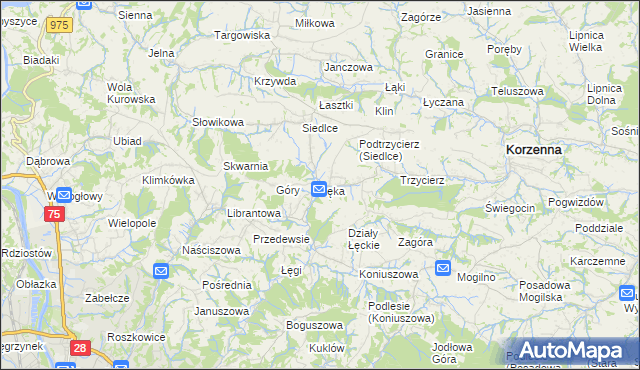 mapa Łęka gmina Korzenna, Łęka gmina Korzenna na mapie Targeo