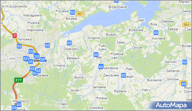 mapa Łęki gmina Myślenice, Łęki gmina Myślenice na mapie Targeo