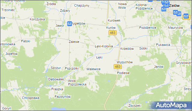 mapa Łęki gmina Zelów, Łęki gmina Zelów na mapie Targeo