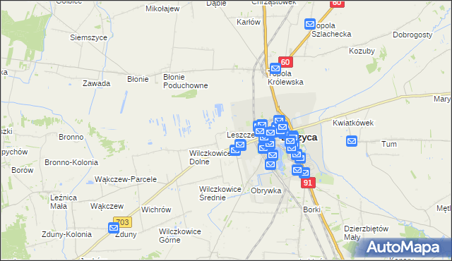 mapa Leszcze gmina Łęczyca, Leszcze gmina Łęczyca na mapie Targeo