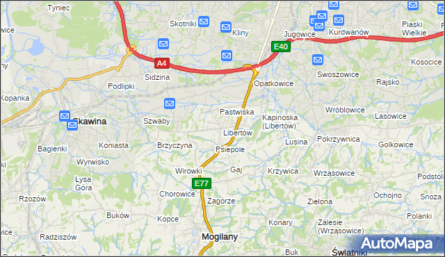 mapa Libertów gmina Mogilany, Libertów gmina Mogilany na mapie Targeo