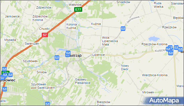 mapa Lipienice gmina Jastrząb, Lipienice gmina Jastrząb na mapie Targeo