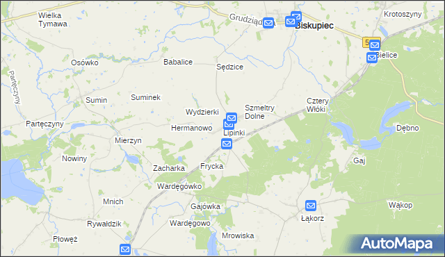mapa Lipinki gmina Biskupiec, Lipinki gmina Biskupiec na mapie Targeo