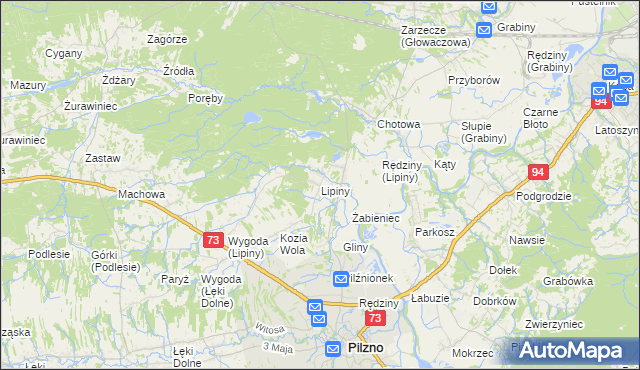 mapa Lipiny gmina Pilzno, Lipiny gmina Pilzno na mapie Targeo