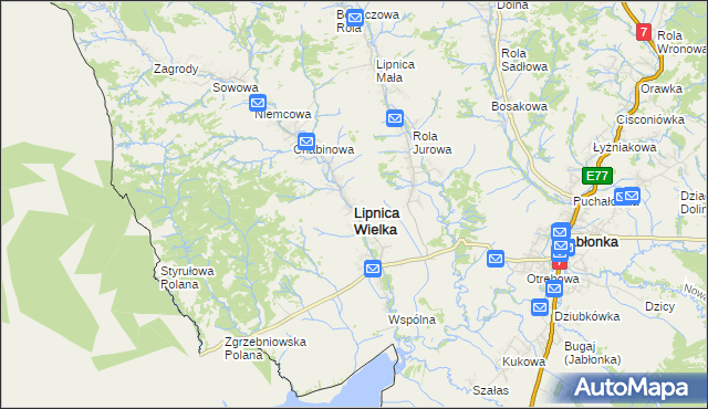 mapa Lipnica Wielka powiat nowotarski, Lipnica Wielka powiat nowotarski na mapie Targeo