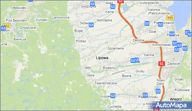 mapa Lipowa powiat żywiecki, Lipowa powiat żywiecki na mapie Targeo