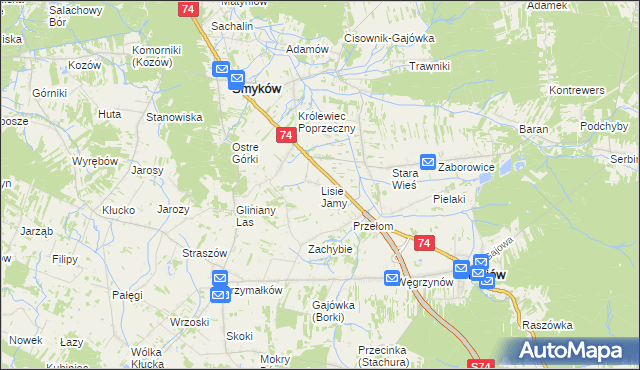 mapa Lisie Jamy gmina Mniów, Lisie Jamy gmina Mniów na mapie Targeo