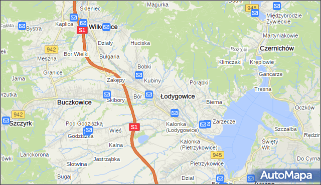 mapa Łodygowice powiat żywiecki, Łodygowice powiat żywiecki na mapie Targeo