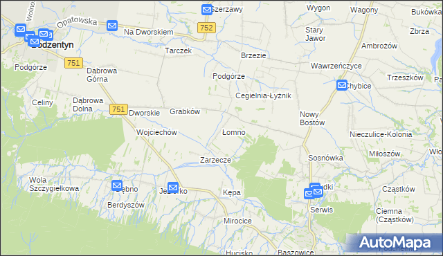 mapa Łomno gmina Pawłów, Łomno gmina Pawłów na mapie Targeo