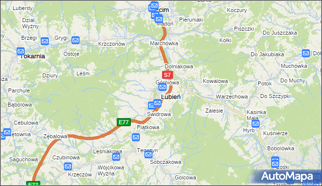 mapa Lubień powiat myślenicki, Lubień powiat myślenicki na mapie Targeo