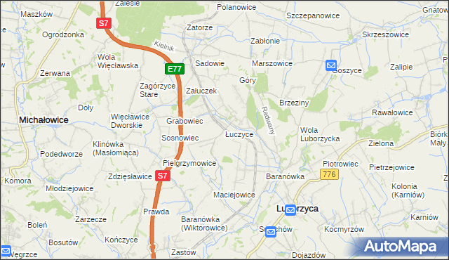 mapa Łuczyce gmina Kocmyrzów-Luborzyca, Łuczyce gmina Kocmyrzów-Luborzyca na mapie Targeo