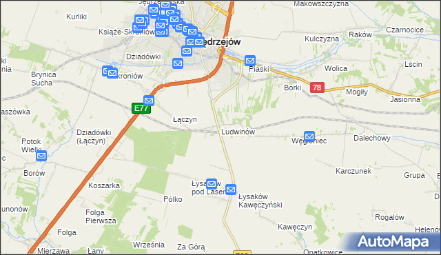 mapa Ludwinów gmina Jędrzejów, Ludwinów gmina Jędrzejów na mapie Targeo