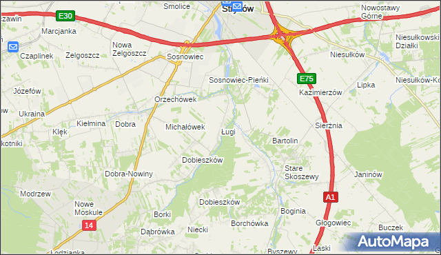 mapa Ługi gmina Stryków, Ługi gmina Stryków na mapie Targeo