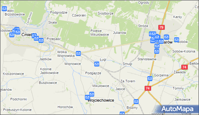 mapa Ługi gmina Wojciechowice, Ługi gmina Wojciechowice na mapie Targeo