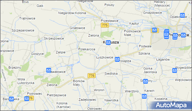 mapa Łyszkowice gmina Koniusza, Łyszkowice gmina Koniusza na mapie Targeo