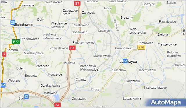 mapa Maciejowice gmina Kocmyrzów-Luborzyca, Maciejowice gmina Kocmyrzów-Luborzyca na mapie Targeo