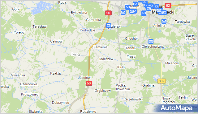 mapa Maliszew gmina Mińsk Mazowiecki, Maliszew gmina Mińsk Mazowiecki na mapie Targeo