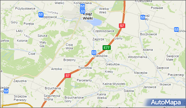 mapa Małoszów gmina Książ Wielki, Małoszów gmina Książ Wielki na mapie Targeo