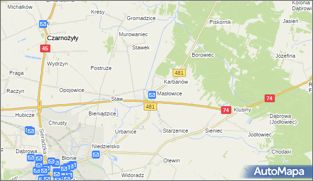 mapa Masłowice gmina Wieluń, Masłowice gmina Wieluń na mapie Targeo