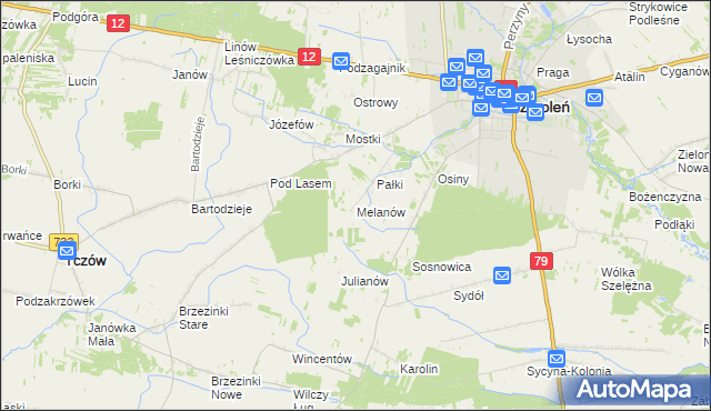 mapa Melanów gmina Zwoleń, Melanów gmina Zwoleń na mapie Targeo