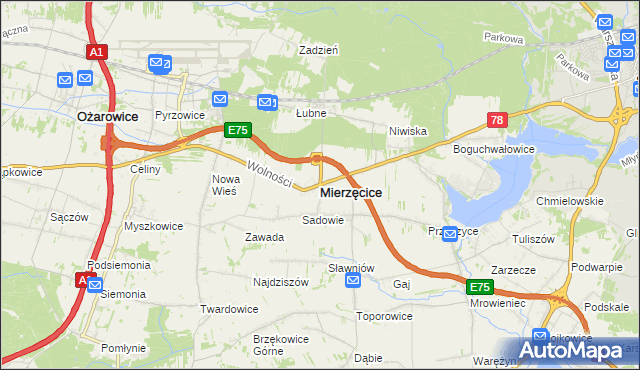 mapa Mierzęcice, Mierzęcice na mapie Targeo