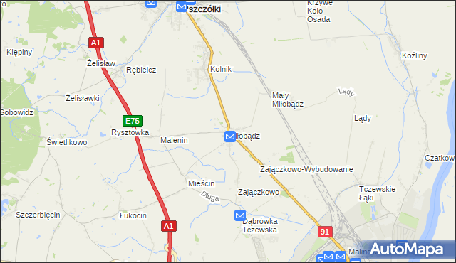 mapa Miłobądz gmina Tczew, Miłobądz gmina Tczew na mapie Targeo