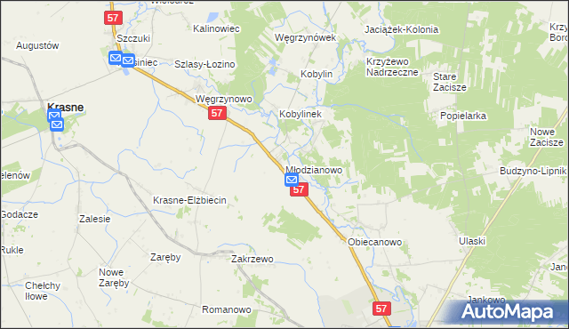 mapa Młodzianowo gmina Płoniawy-Bramura, Młodzianowo gmina Płoniawy-Bramura na mapie Targeo