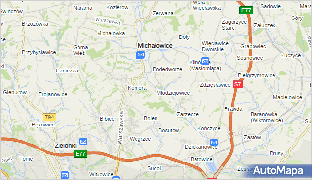 mapa Młodziejowice gmina Michałowice, Młodziejowice gmina Michałowice na mapie Targeo