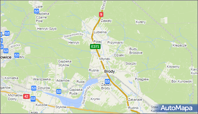 mapa Młynek gmina Brody, Młynek gmina Brody na mapie Targeo