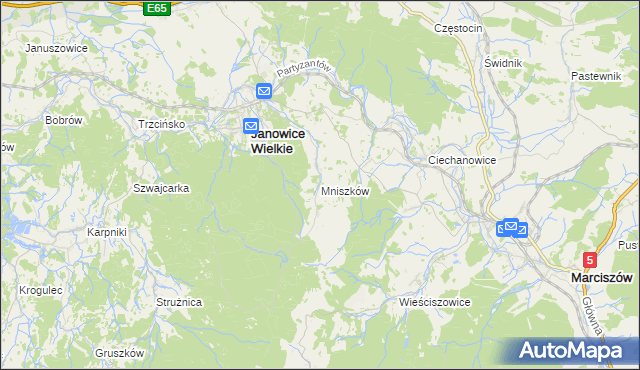 mapa Mniszków gmina Janowice Wielkie, Mniszków gmina Janowice Wielkie na mapie Targeo