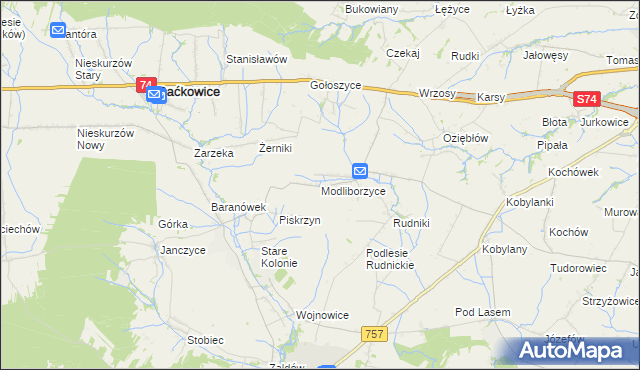mapa Modliborzyce gmina Baćkowice, Modliborzyce gmina Baćkowice na mapie Targeo