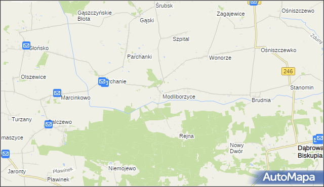 mapa Modliborzyce gmina Dąbrowa Biskupia, Modliborzyce gmina Dąbrowa Biskupia na mapie Targeo